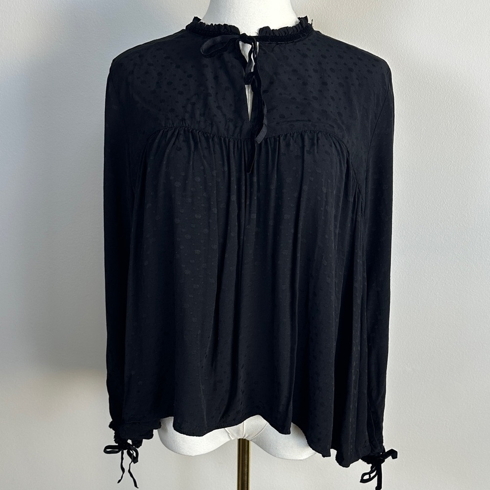 Zara Womens Polka Dot Ruffled Velvet Tie‎ Neck Feminine Whimsical Black Blouse M